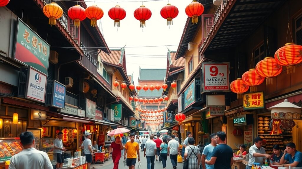 Yaowarat út neonfényei és forgalmas utcája Bangkok Kínai negyedében.