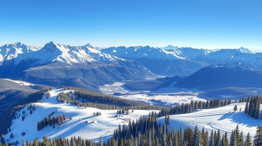 Téli táj a Magas-Tátrában, hóval borított hegyek és fenyőerdők.