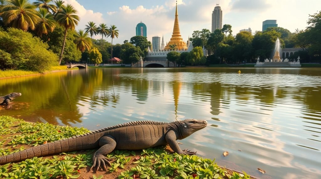 Lumphini Park nyugodt tava és varánuszok Bangkokban