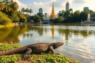 Lumphini Park nyugodt tava és varánuszok Bangkokban