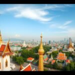 A Wat Saket templom tetejéről készült kilátás Bangkokra