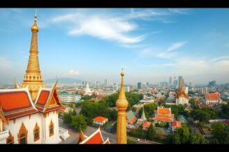 A Wat Saket templom tetejéről készült kilátás Bangkokra