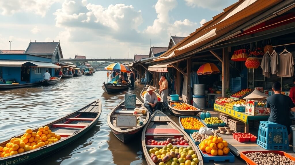 Damnoen Saduak úszópiac színes csónakokkal és gyümölcsökkel