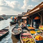 Damnoen Saduak úszópiac színes csónakokkal és gyümölcsökkel