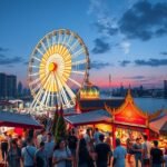 Asiatique The Riverfront éjszakai piac Bangkokban, óriáskerékkel és boltokkal.