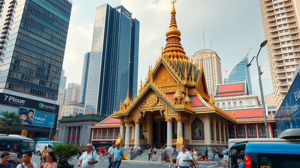 Erawan szentély a felhőkarcolók között Bangkokban