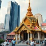 Erawan szentély a felhőkarcolók között Bangkokban