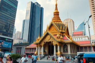Erawan szentély a felhőkarcolók között Bangkokban