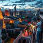 Panorámás kilátás Bangkok éjjeli fényeire rooftop bárról