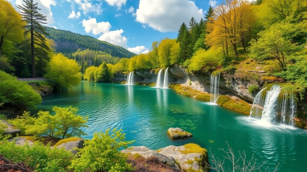 Plitvicei-tavak vízesései tavaszi időszakban, zöld természet háttérrel.