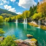 Plitvicei-tavak vízesései tavaszi időszakban, zöld természet háttérrel.