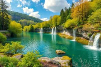 Plitvicei-tavak vízesései tavaszi időszakban, zöld természet háttérrel.