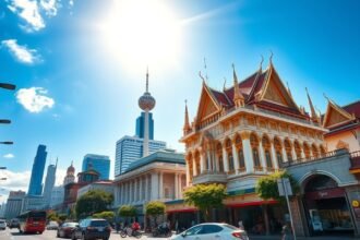 Bangkok városképe napfényben, tradicionális épületekkel.