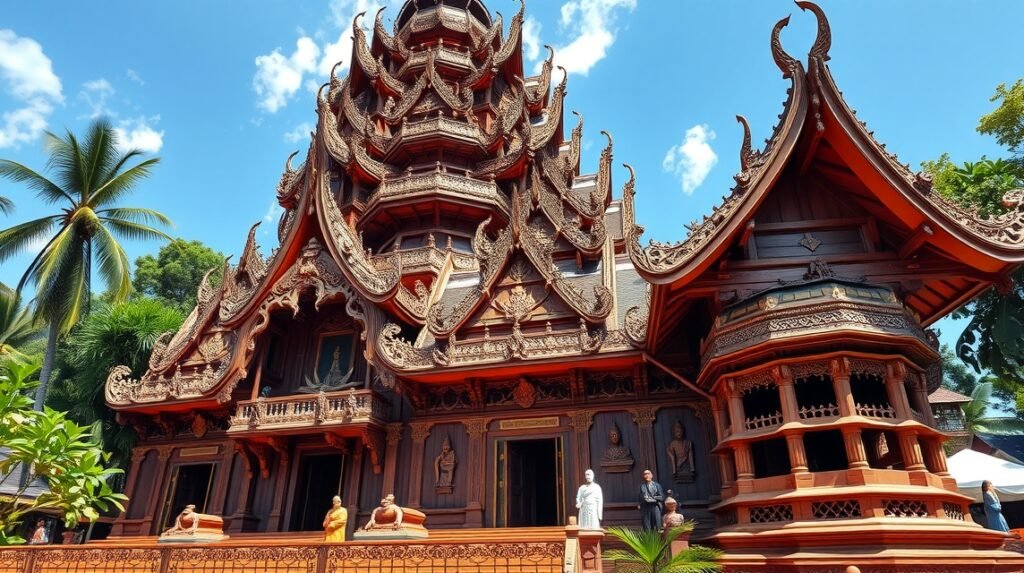 Igazság Temploma Pattayában, faragott faépítmény hindu-buddhista motívumokkal.