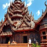 Igazság Temploma Pattayában, faragott faépítmény hindu-buddhista motívumokkal.