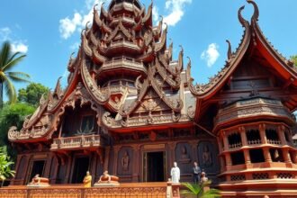 Igazság Temploma Pattayában, faragott faépítmény hindu-buddhista motívumokkal.