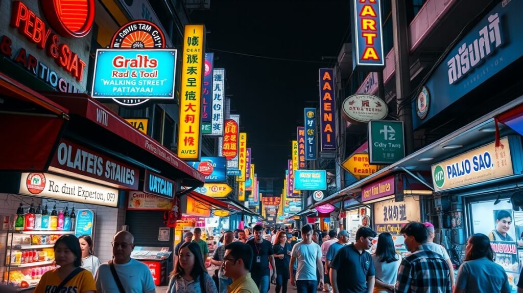 Pattaya Walking Street éjszakai élet, neonfények és turisztikai bárok