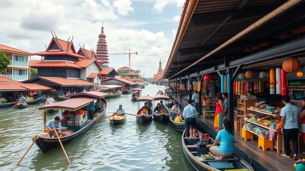Pattayai Úszópiac csónakokkal és helyi termékekkel
