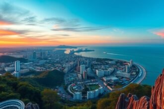 Pattaya város panorámája a View Pointból naplementekor.