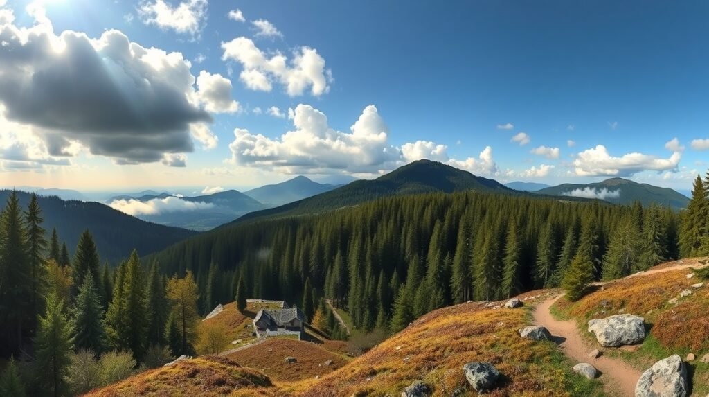 Panoráma a Fekete-erdőről hűvös időben, túrázáshoz ideális környezet