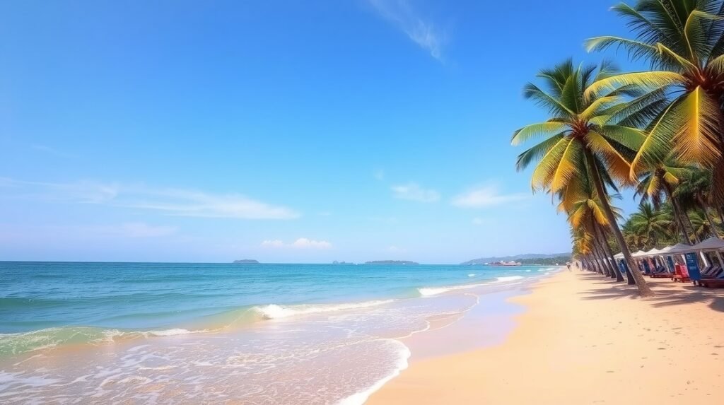 Jomtien Beach nyugodt partszakasza, pálmafákkal és gyönyörű tengerrel.