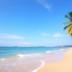 Jomtien Beach nyugodt partszakasza, pálmafákkal és gyönyörű tengerrel.