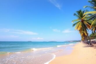 Jomtien Beach nyugodt partszakasza, pálmafákkal és gyönyörű tengerrel.