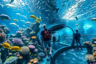 Látogatók az Underwater World Pattaya akváriumban, csodás tengeri élővilággal.