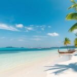 Gyönyörű tengerpart Koh Samet szigetén pálmafákkal és hajókkal