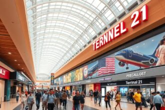 A Terminal 21 bevásárlóközpont belső tere Pattayán, sok látogatóval.