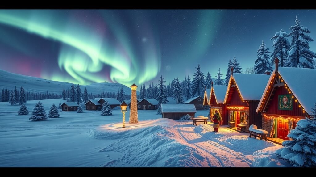 Téli Lappföld Mikulásfalvával és északi fényekkel