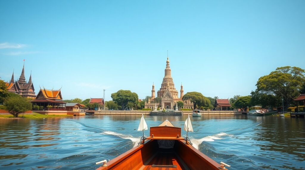 Hajókázás Ayutthaya szigete körül, lenyűgöző templomokkal.