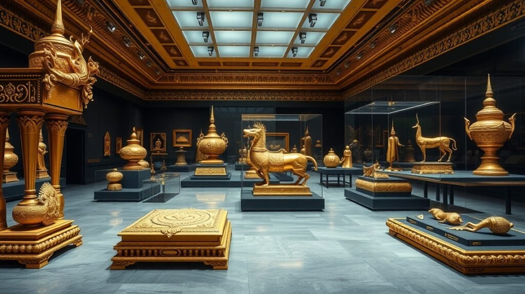 Aranyfényű relikviák a Chao Sam Phraya Nemzeti Múzeumban Ayutthaya városában.