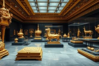 Aranyfényű relikviák a Chao Sam Phraya Nemzeti Múzeumban Ayutthaya városában.
