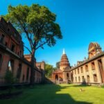 Ayutthaya portugál település romjai, vöröstéglás kápolnával és zöld fákkal.