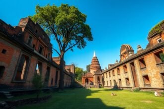 Ayutthaya portugál település romjai, vöröstéglás kápolnával és zöld fákkal.
