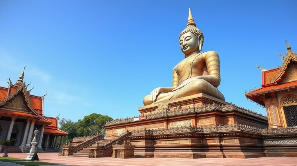 Óriás ülő Buddha Wat Phanan Choeng Ayutthayában, Thaiföldön