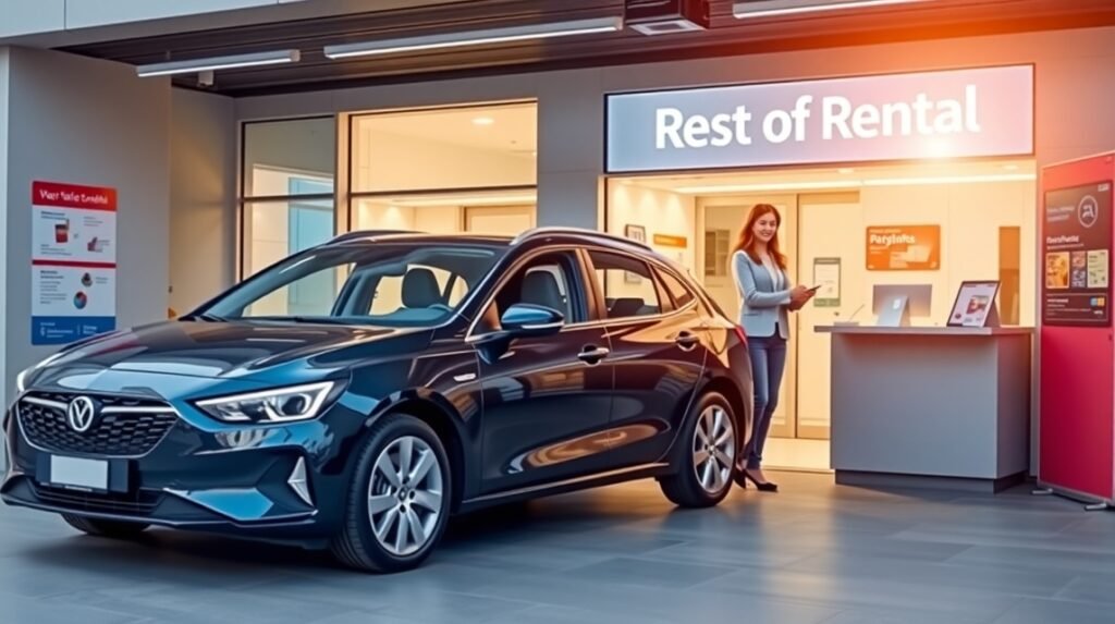 Autóbérlés szolgáltatás, női ügyintéző a kölcsönző előtt.