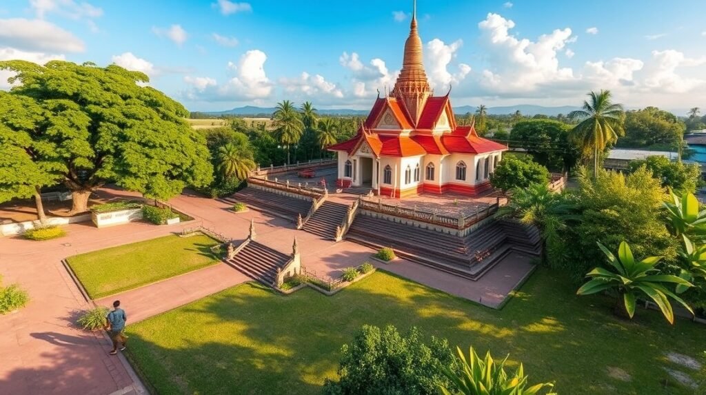 Ayutthaya templom, trópusi környezetben, napsütéses időben.