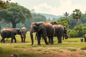 Elefántok sétálnak a természetes környezetükben Chiang Mai közelében.