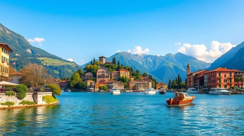 Kép a Garda-tóról, napsütéses időben, csónakokkal és hegyekkel a háttérben.