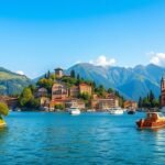 Kép a Garda-tóról, napsütéses időben, csónakokkal és hegyekkel a háttérben.