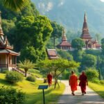 Szerzetesek sétálnak a gyönyörű thai tájon Chiang Mai közelében.