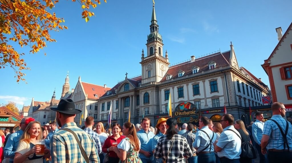 München Oktoberfest 2023: ünneplők a városban, sörrel a kezükben.