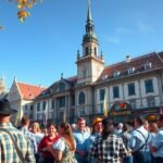München Oktoberfest 2023: ünneplők a városban, sörrel a kezükben.