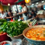 Khao Soi curryleves friss hozzávalókkal Chiang Mai utcai éttermében