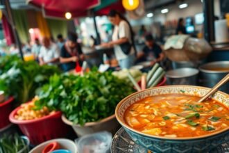Khao Soi curryleves friss hozzávalókkal Chiang Mai utcai éttermében