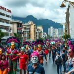 Fesztivál részlet Rio de Janeiróban, színes jelmezekkel és táncosokkal.