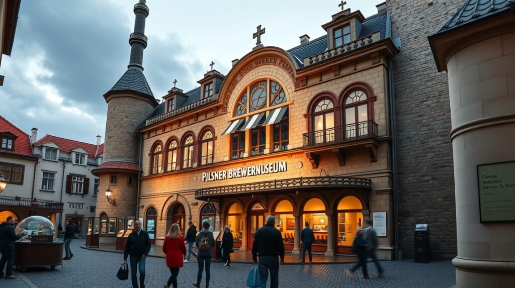 A Plzeň Sörmúzeum épülete külső nézetből, látogatók a bejáratnál.