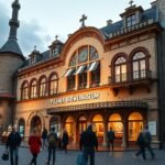 A Plzeň Sörmúzeum épülete külső nézetből, látogatók a bejáratnál.